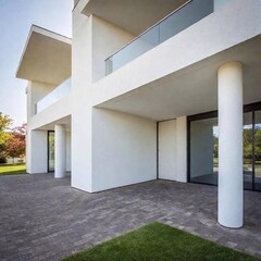 A high-resolution photo captures a modern, minimalist, two-story house with a stark white facade and bold vertical dark-gray bricks accentuating the large, geometric windows. The house has a gable roo