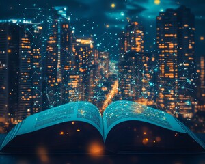 Poster - Nighttime city skyline rising from book pages, interconnected with wireless data, smart working technology, and IoT automation system visualization