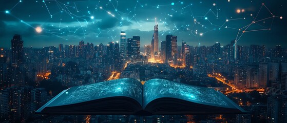 Poster - open book with modern city skyline at night, representing smart working, wireless data, iot automati