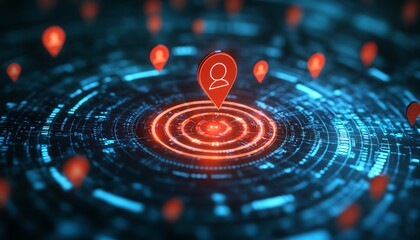 Poster - A radiant target surrounded by interconnected customer icons, illustrating CRM concepts and online network technology for targeted engagement, dynamic lighting, sleek design