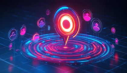 Poster - A radiant target surrounded by interconnected customer icons, illustrating CRM concepts and online network technology for targeted engagement, dynamic lighting, sleek design