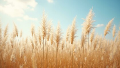  Golden pampas grass plumes in wheat field under bright blue sky