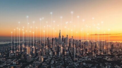 Poster - Digital cityscape illuminated by neon lights, with network nodes connecting buildings, highlighting 5G-powered smart city innovations.