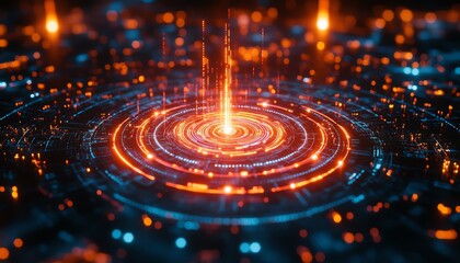 Poster - Hightech visualization of CRM with customer profile icons in a glowing digital network connected to a precision target, futuristic style, intricate details, and vibrant lighting