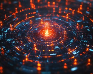 Poster - A digital web of customer icons linked to a central glowing target, symbolizing CRM, customer profiling, and community engagement, modern tech design, cinematic lighting