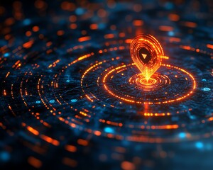 Poster - A digital web of customer icons linked to a central glowing target, symbolizing CRM, customer profiling, and community engagement, modern tech design, cinematic lighting