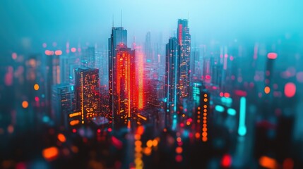Poster - Futuristic skyline with glowing network nodes connecting skyscrapers, symbolizing global 5G connectivity and tech advancement.