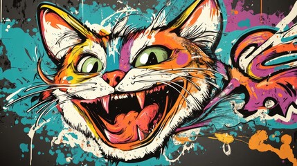 Naklejka na meble Vibrant graffiti illustration of a playful cat with exaggerated features and bright splashes of color, showcasing a dynamic urban art style.