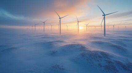 Poster - Tall wind turbines rise above a serene, snow-covered landscape, bathed in the warm hues of a sunset sky, showcasing renewable energy in winter.