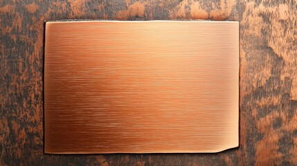 Close-up of a rectangular copper metal plate with brushed texture on a darker wooden textured background, emphasizing the warm metallic and organic surfaces.