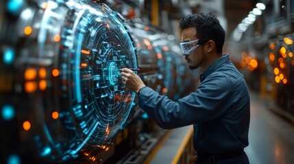 Poster - engineer creates a technical diagram in a modern laboratory during a late afternoon session