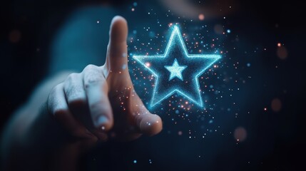 Hand touching glowing star with dark background.