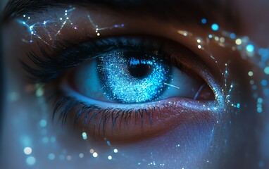 Poster - Blue eye through lens of AI network, digital data and connections flowing around, hightech artificial intelligence, cybernetic vision, neural pathways