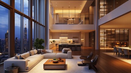 Poster - A large, open living room with a fireplace and a view of the city