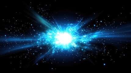 vibrant cosmic blue light explosion surrounded by shimmering stars in a rich, dark space background 
