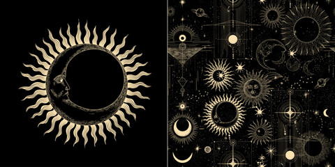 Wall Mural - Vector illustration set of moon phases. Different stages of moonlight activity in vintage engraving style. Zodiac Signs	