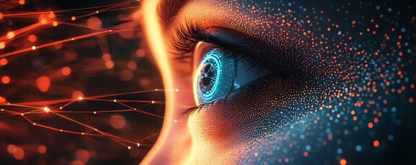 Poster - Human blue eye seen through AI network, digital data flowing, connections forming around it, futuristic artificial intelligence, technologydriven vision