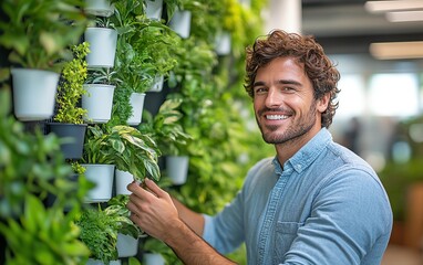 Wall Mural - Indoor vertical garden in office, smiling man interacting with plants in white pots hanging from wall to ceiling, sustainable office design with greenery