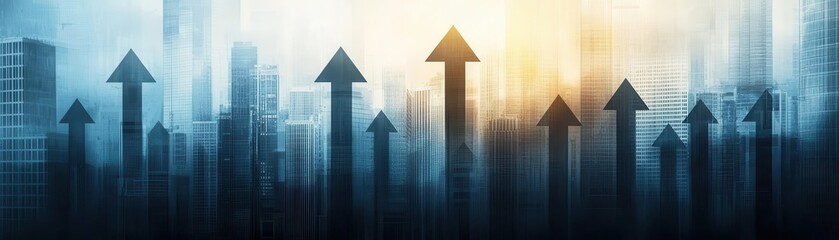 abstract upward trending arrows represent business growth and success, blending urban skyline elemen