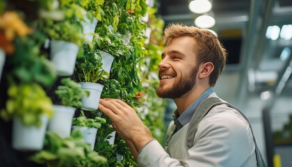 Wall Mural - Smiling man engaging with indoor vertical garden in office, plants in white hanging pots from wall to ceiling, ecofriendly office space, lush greenery