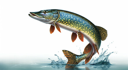 northern pike fish in the water, stream or river, isolated nature wildlife fishing angler illustrati