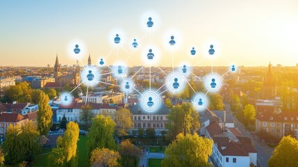 Poster - Smart city visual with glowing network nodes connecting buildings, emphasizing the integration of 5G technology.