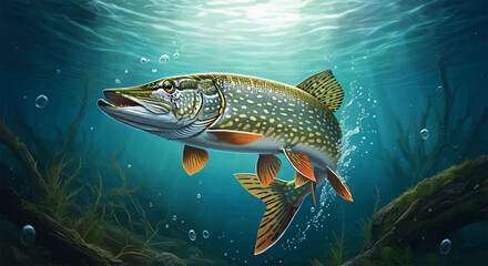 northern pike fish in the water, stream or river, isolated nature wildlife fishing angler illustrati