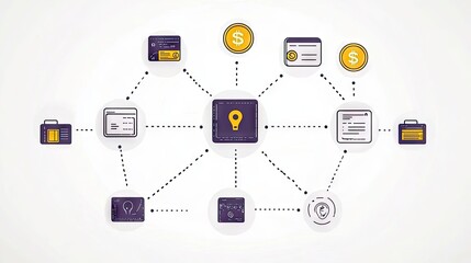 Poster - Vector illustration of interconnected icons for mobile payments, digital wallets, and financial technology innovations on a sleek modern background.