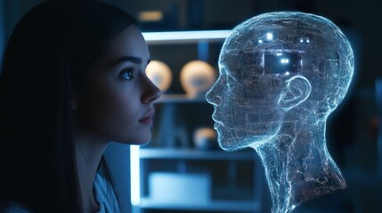 Poster - A woman is looking at a computer screen that shows a man's face