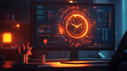 Aufkleber - futuristic time management grid floating above worker s desk with real time productivity and resourc