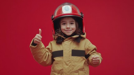Poster - A child wearing a firefighter helmet and coat, giving a thumbs up against a red background.