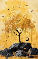 Wall Mural - A 3D modern art mural wallpaper landscape with golden trees, black mountains, and a beige background. The artwork is meant for wall frames.