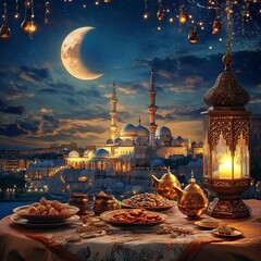 Wall Mural - Eid Mubarak and Ramadan Kareem greetings with an Islamic lantern, moon, and a Muslim Arabic mosque in the background, generative ai