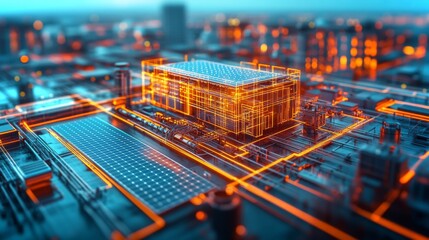 Poster - rooftop solar panels power a modern building in a vibrant urban landscape during twilight