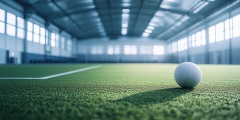 Poster - A close-up view of a single ball on a well-maintained indoor sports field.