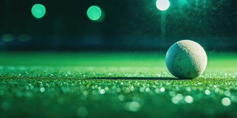 Poster - A close-up of a white ball on a wet, illuminated green sports field.