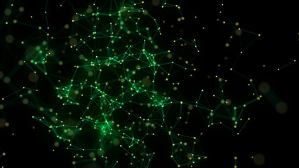 Poster - Green abstract background with connection lines, dots and triangles. Technology network connection. Digital structure of particles. 3D rendering.