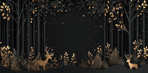 This is a 3D modern art mural wallpaper of a night landscape with stars, golden trees, deer, birds, and gold waves on a dark black background.