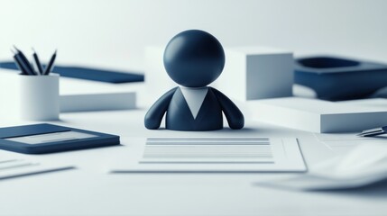 Poster - A minimalist workspace featuring a figurine, papers, and office supplies.