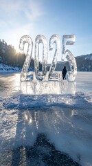 Poster - A large ice sculpture of the number 2025 is on a frozen lake
