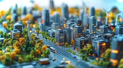 Poster - a detailed smart city model showcasing sustainable energy sources and urban infrastructure