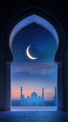 Poster - eid mubarak and ramadan kareem greetings with an islamic arch for wallpaper and background, a cresce