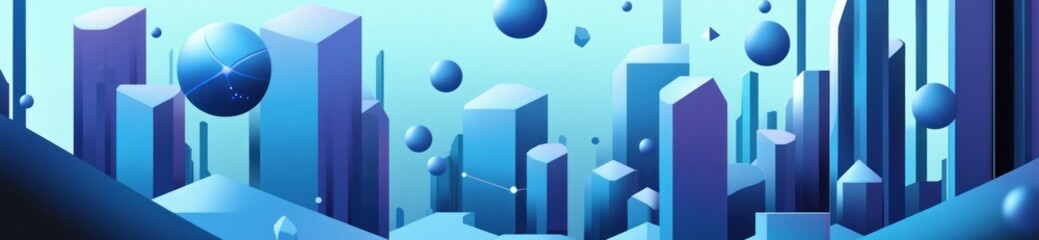 Poster - Abstract digital landscape featuring geometric shapes and spheres in blue tones.
