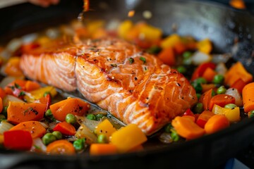 Wall Mural - Person preparing a meal with salmon and vegetables