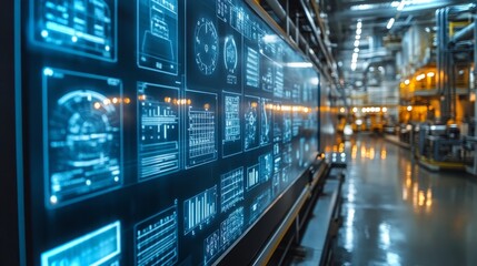 Poster - hydroelectric power station with holographic displays showcasing real-time data and analytics