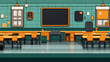 © altitudevisual - Pixel art style classroom with desks and chairs, empty blackboard, clock, and various decorations on teal walls