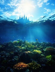  Dive into a luminous underwater paradise where vibrant corals thrive beneath shimmering waters, revealing the silhouette of a majestic castle that whispers tales of ancient ocean mysteries.