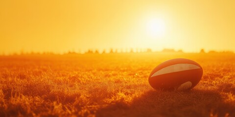 Poster - A rugby ball rests on golden grass during a sunset, capturing a serene sports moment.