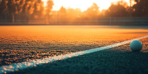 Poster - A close-up view of a sports field at sunset with a ball resting near the boundary line.