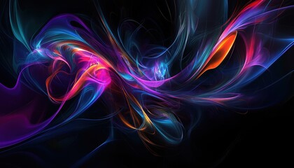 Poster - This mesmerizing digital artwork features flowing patterns of vibrant colors, seamlessly blending to create a sense of movement and energy against a dark backdrop.